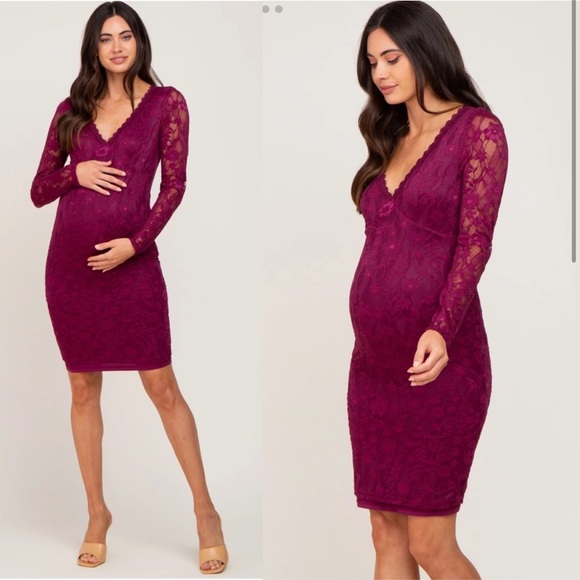 Pinkblush Plum Maroon Burgundy Long Sleeve Lace V-Neck Maternity Fitted Dress - Picture 12 of 12